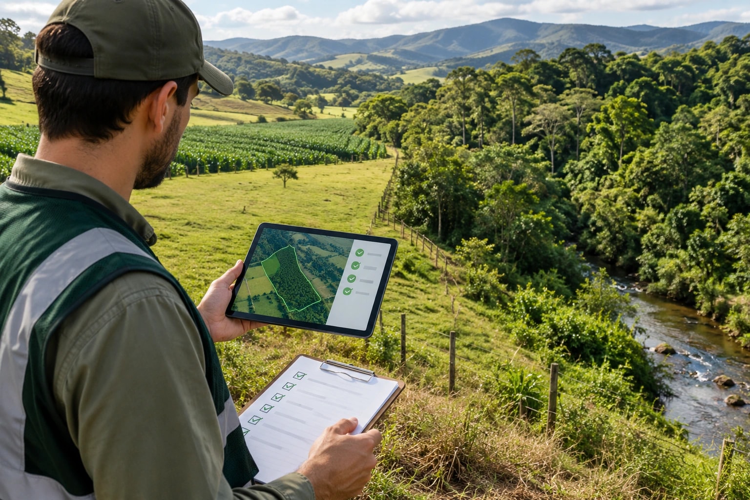 Técnico ambiental verifica uma propriedade rural com tablet e checklist, ao lado de mata ciliar.