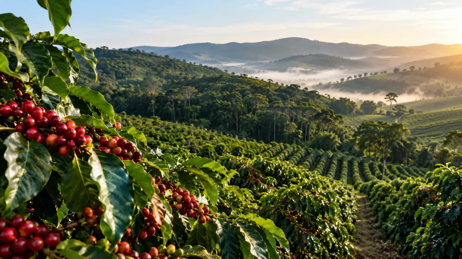 Cafezal em encostas com frutos maduros ao amanhecer.