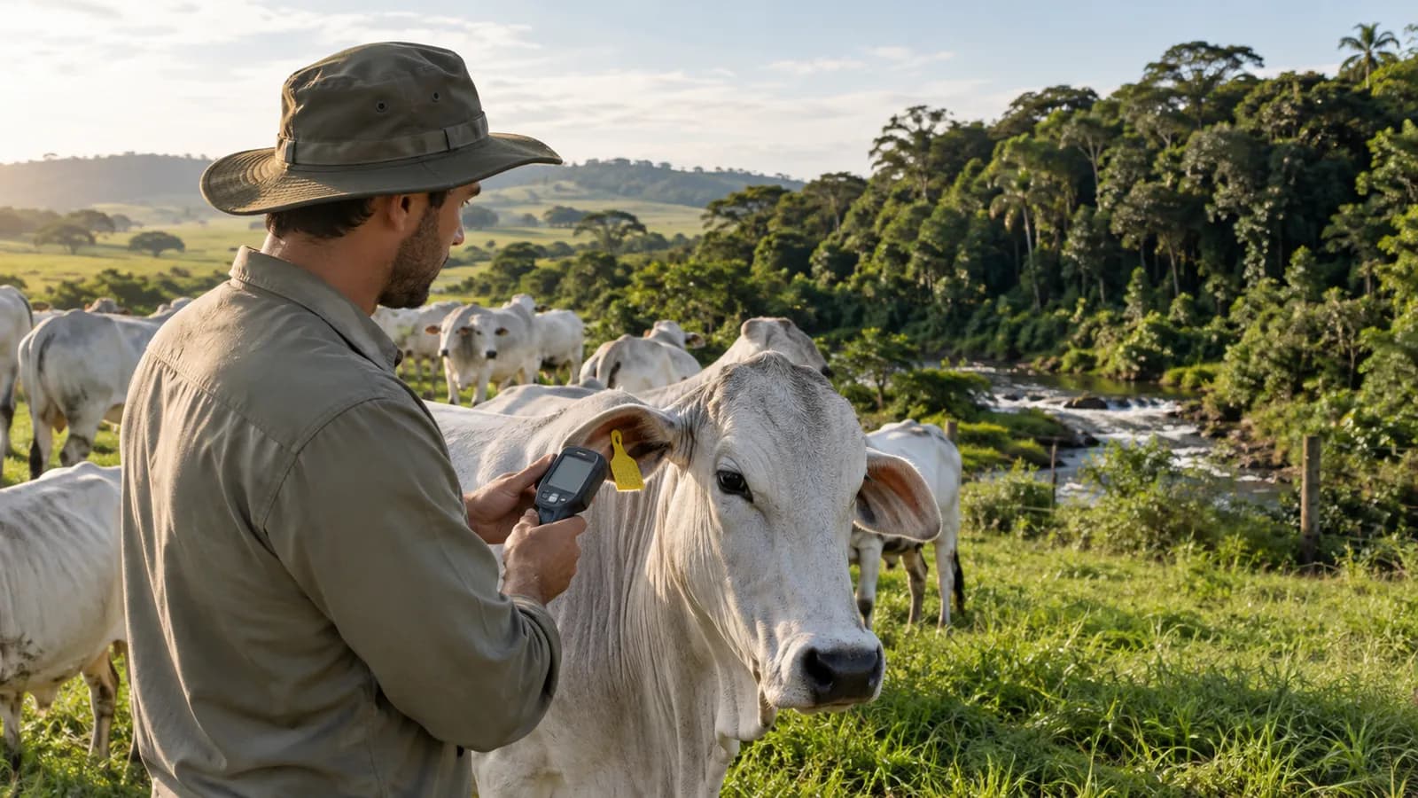 Bovino com brinco de identificação no pasto.