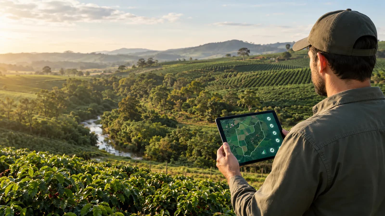 Consultor acompanha mapa da propriedade em tablet diante de lavoura de café e mata ciliar.